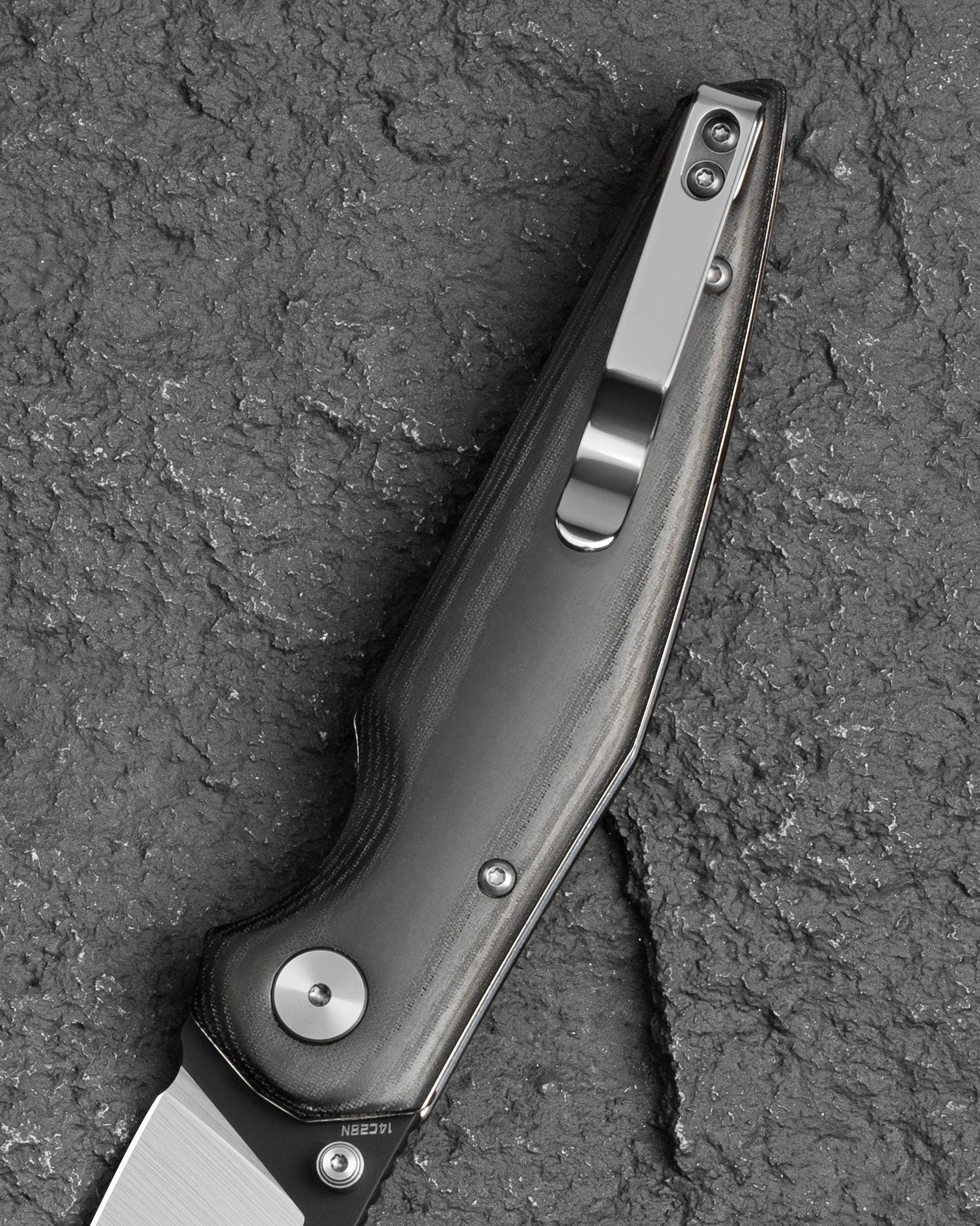 Bestech Snakebird BG58B blade detail – 14C28N Satin sheepsfoot edge