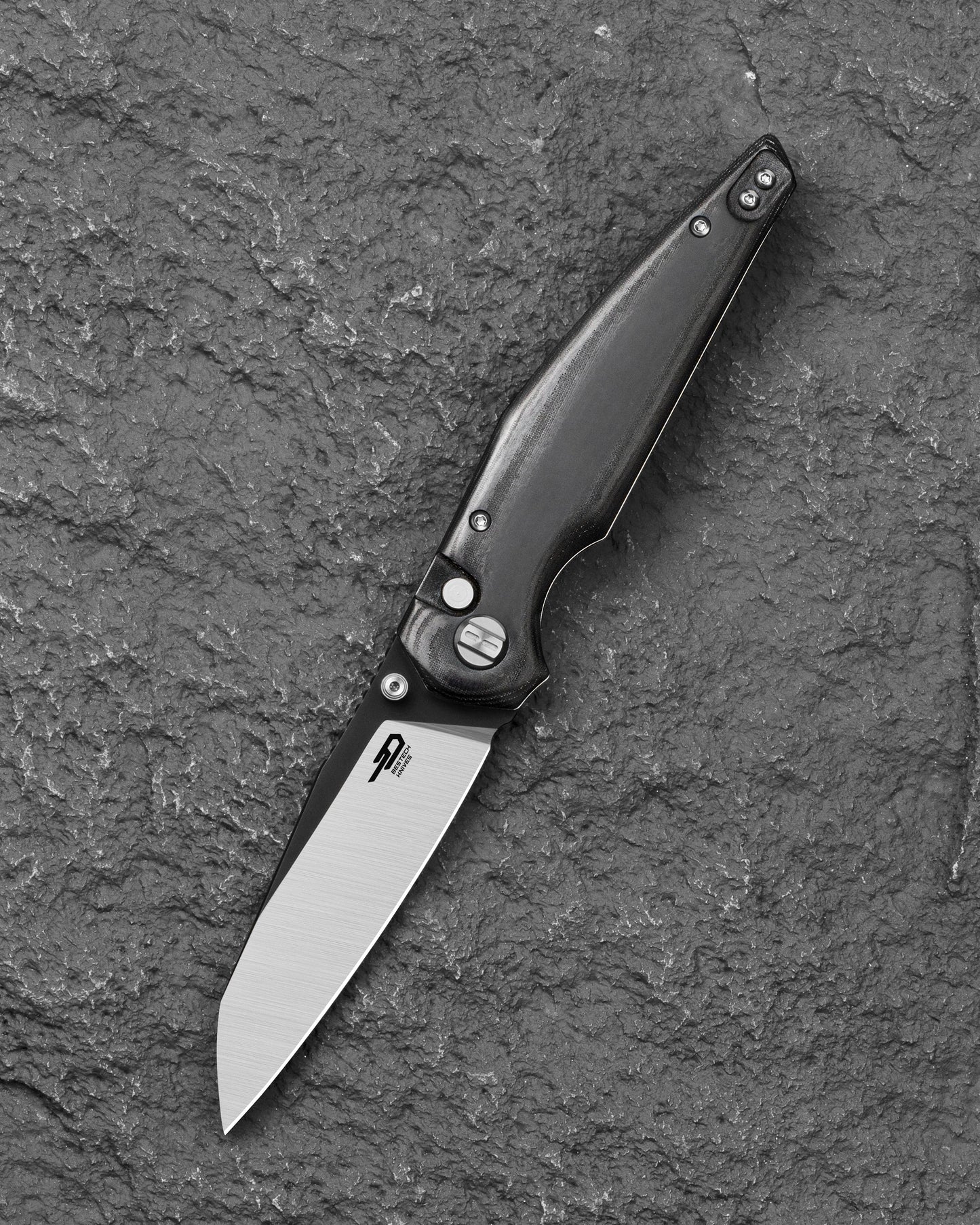 Bestech Snakebird BG58B front view – 3.54" 14C28N Satin, Black Micarta, Button Lock