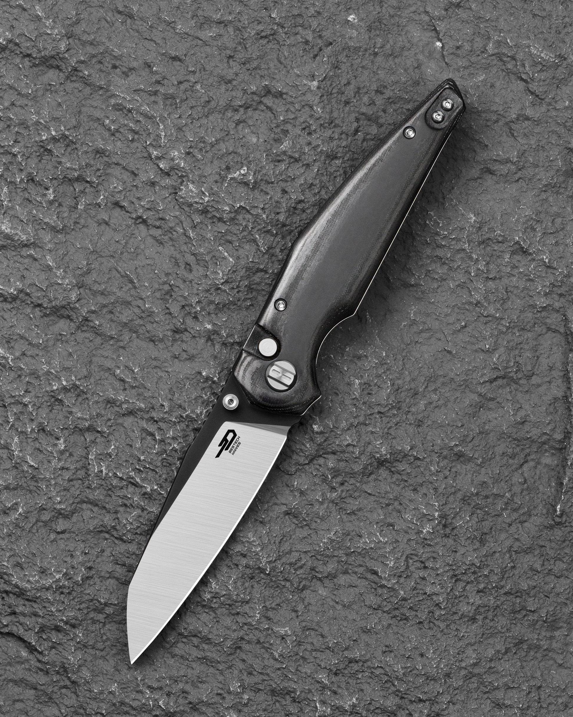 Bestech Snakebird BG58B front view – 3.54" 14C28N Satin, Black Micarta, Button Lock