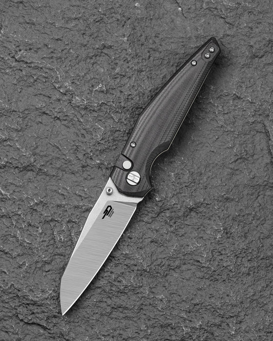 Bestech Snakebird BG58C front view – 3.54" 14C28N Stonewash/Satin, Black G10, Button Lock