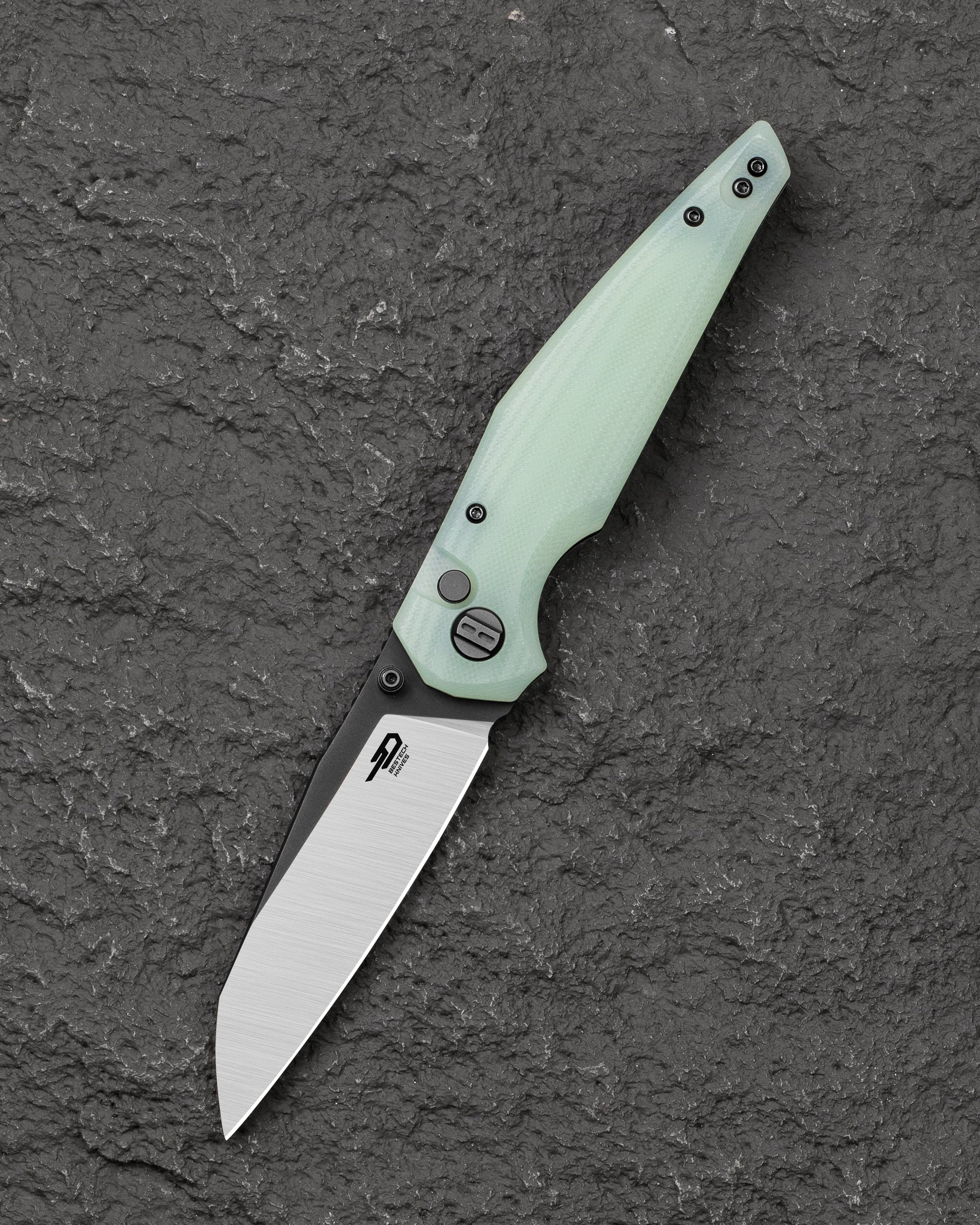 Bestech Snakebird BG58D front view – 3.54" 14C28N Satin/Black PVD, Transparent G10, Button Lock