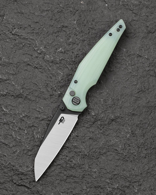 Bestech Snakebird BG58D front view – 3.54" 14C28N Satin/Black PVD, Transparent G10, Button Lock