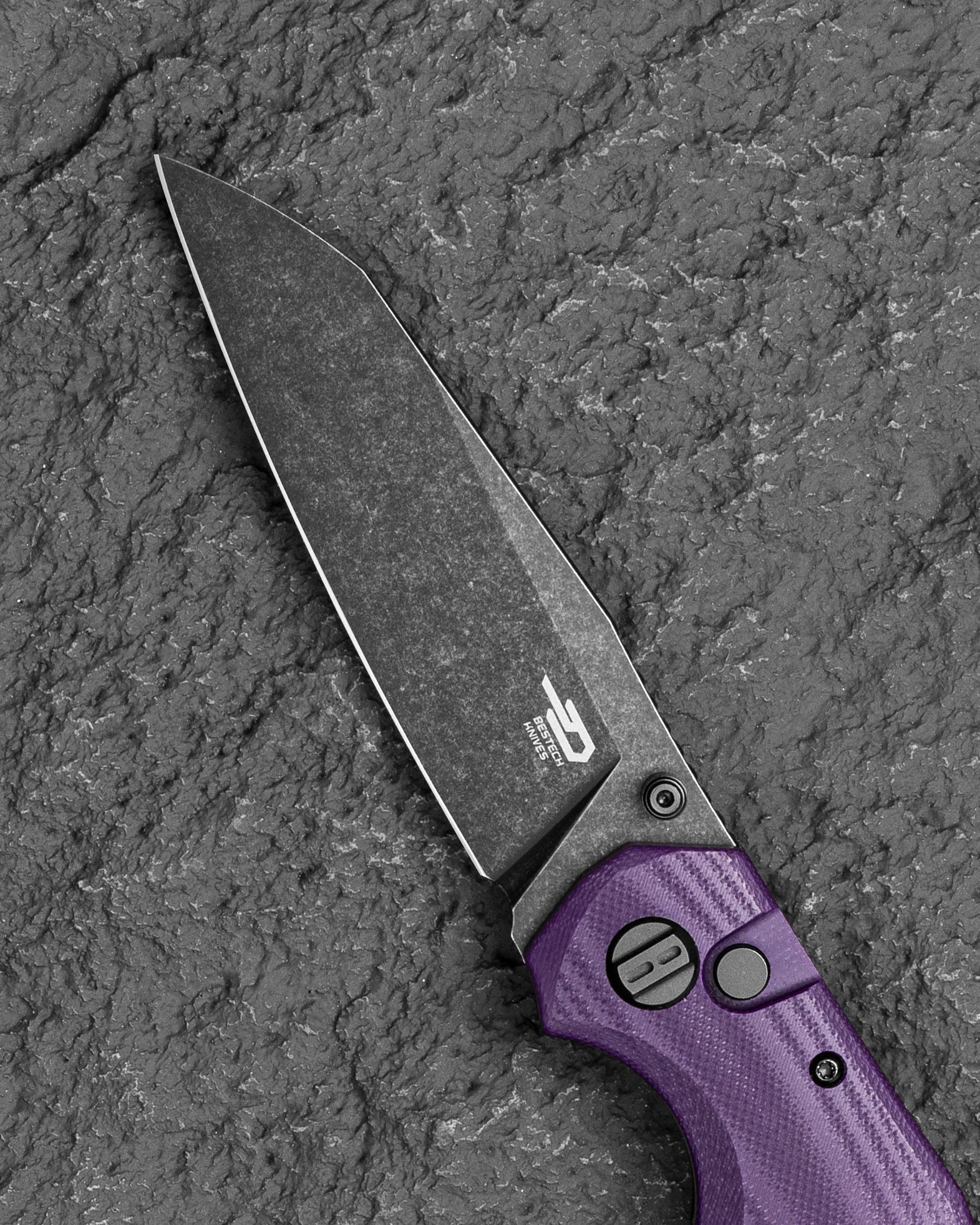 Bestech Snakebird BG58E closed view – Purple G10 handle, Black PVD clip