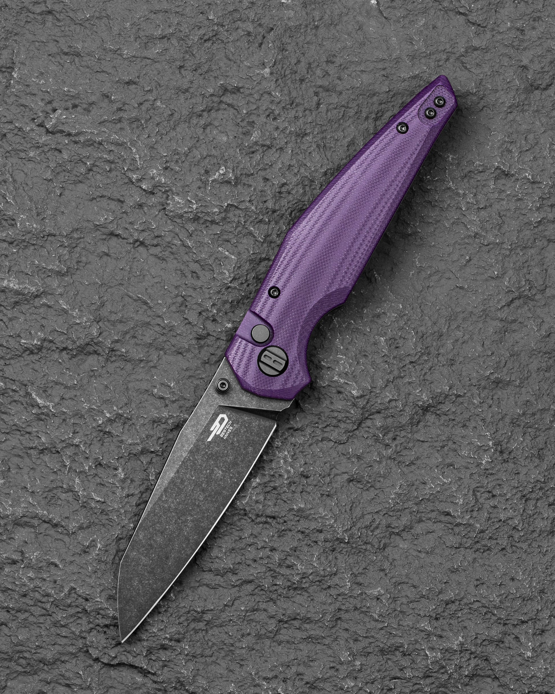 Bestech Snakebird BG58E front view – 3.54" 14C28N Black Stonewash, Purple G10, Button Lock