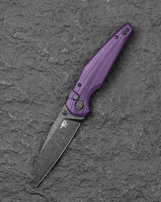 Bestech Snakebird BG58E front view – 3.54" 14C28N Black Stonewash, Purple G10, Button Lock
