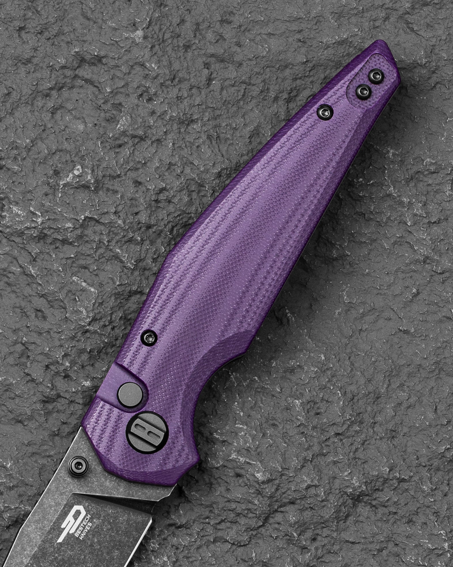Bestech Snakebird BG58E Purple G10 scales – textured handle, ceramic bearings