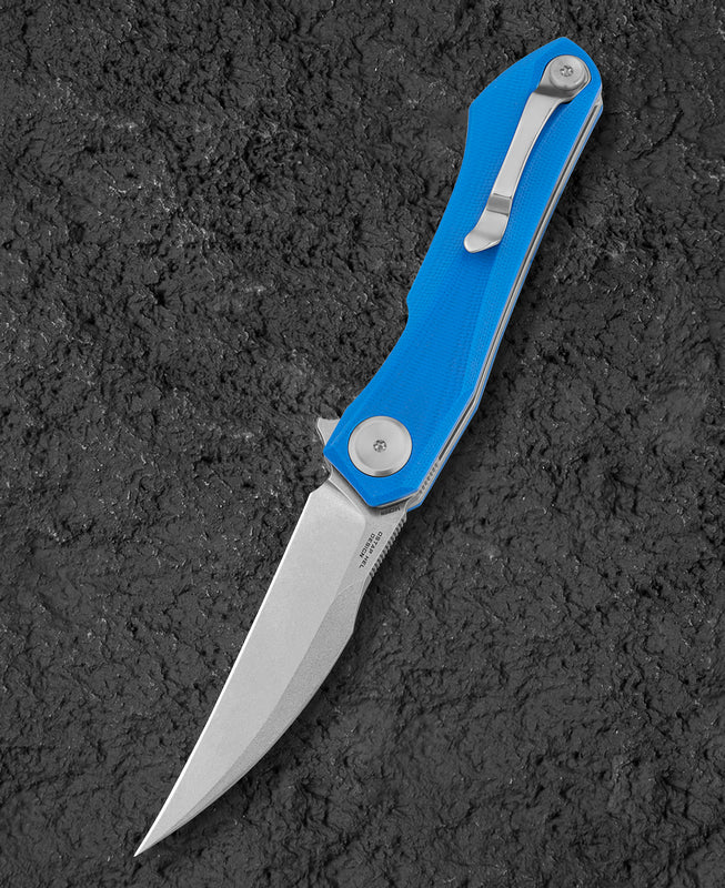Bestech IVY BG59B closed view – 4.04" closed length, blue G10 handle with steel pocket clip