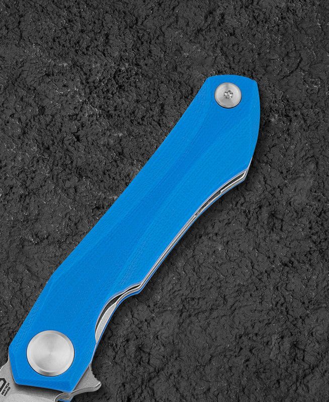 Bestech IVY BG59B handle detail – blue G10 texture, Ostap Hel ivy-inspired design