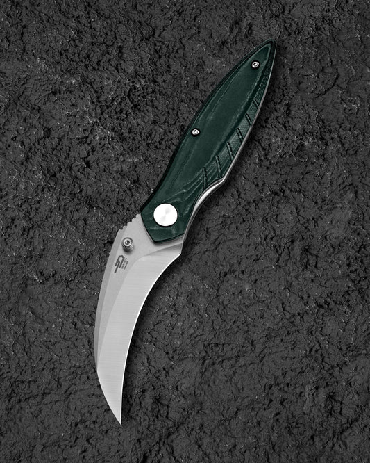 Bestech Mantidae BG60E front view – 2.94" 14C28N satin+stonewash blade, green Micarta handle, liner lock