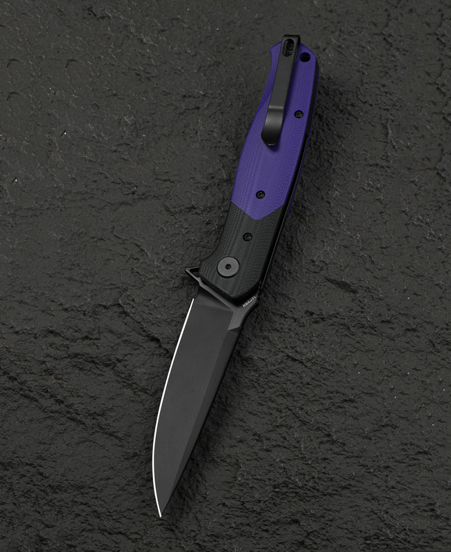 Bestech Swordfish BG62C closed view – 5.12″ closed, Black+Purple G10, Button Lock