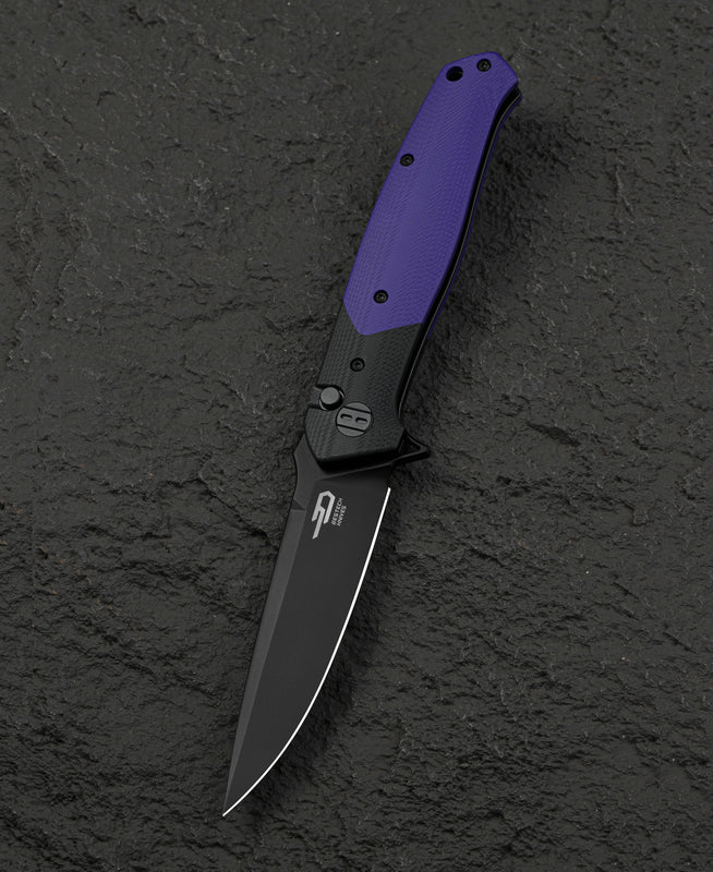 Bestech Swordfish BG62C front view – 3.94″ 14C28N Black PVD, Black and Purple G10