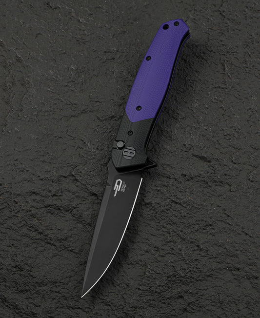 Bestech Swordfish BG62C front view – 3.94″ 14C28N Black PVD, Black and Purple G10