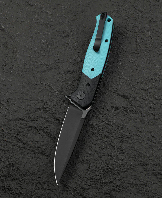 Bestech Swordfish BG62E closed view – 5.12″ closed, Black+Light Blue G10, Button Lock