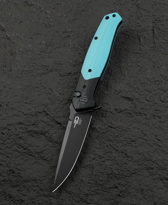 Bestech Swordfish BG62E front view – 3.94″ 14C28N Black PVD, Black and Light Blue G10