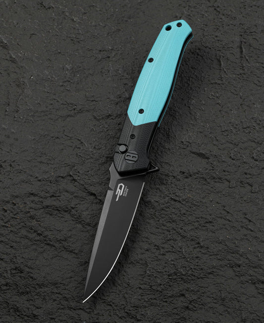 Bestech Swordfish BG62E front view – 3.94″ 14C28N Black PVD, Black and Light Blue G10