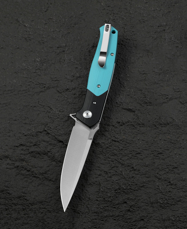 Bestech Swordfish BG62F closed view – 5.12″ closed, Black+Light Blue G10, Button Lock