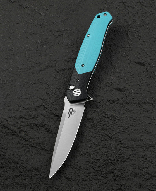 Bestech Swordfish BG62F front view – 3.94″ 14C28N Satin, Black and Light Blue G10