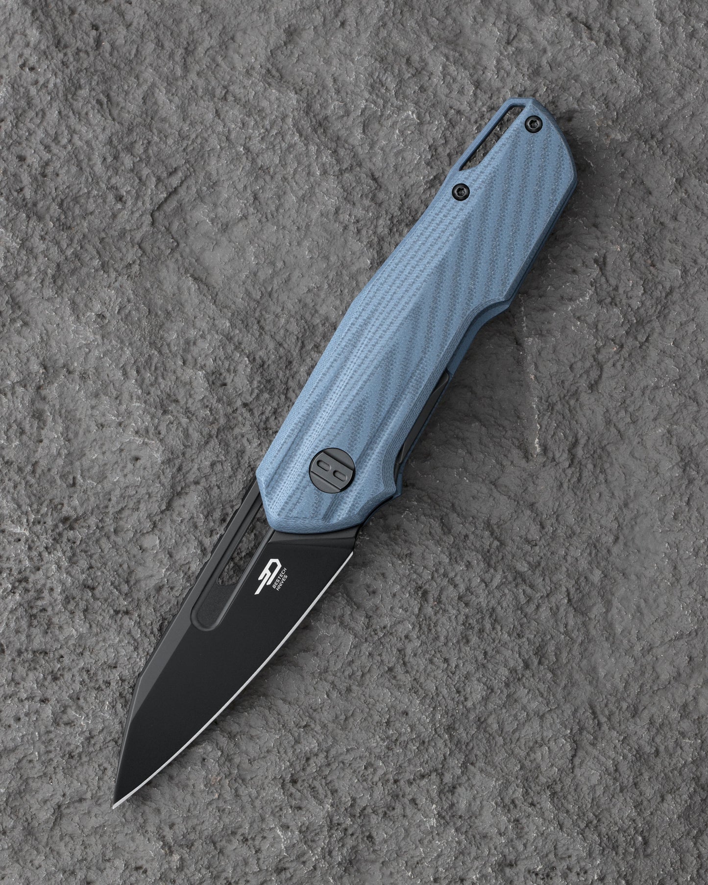 Bestech Toddler BG64E front view – 2.72" 14C28N black stonewash blade, blue G10 handle, liner lock