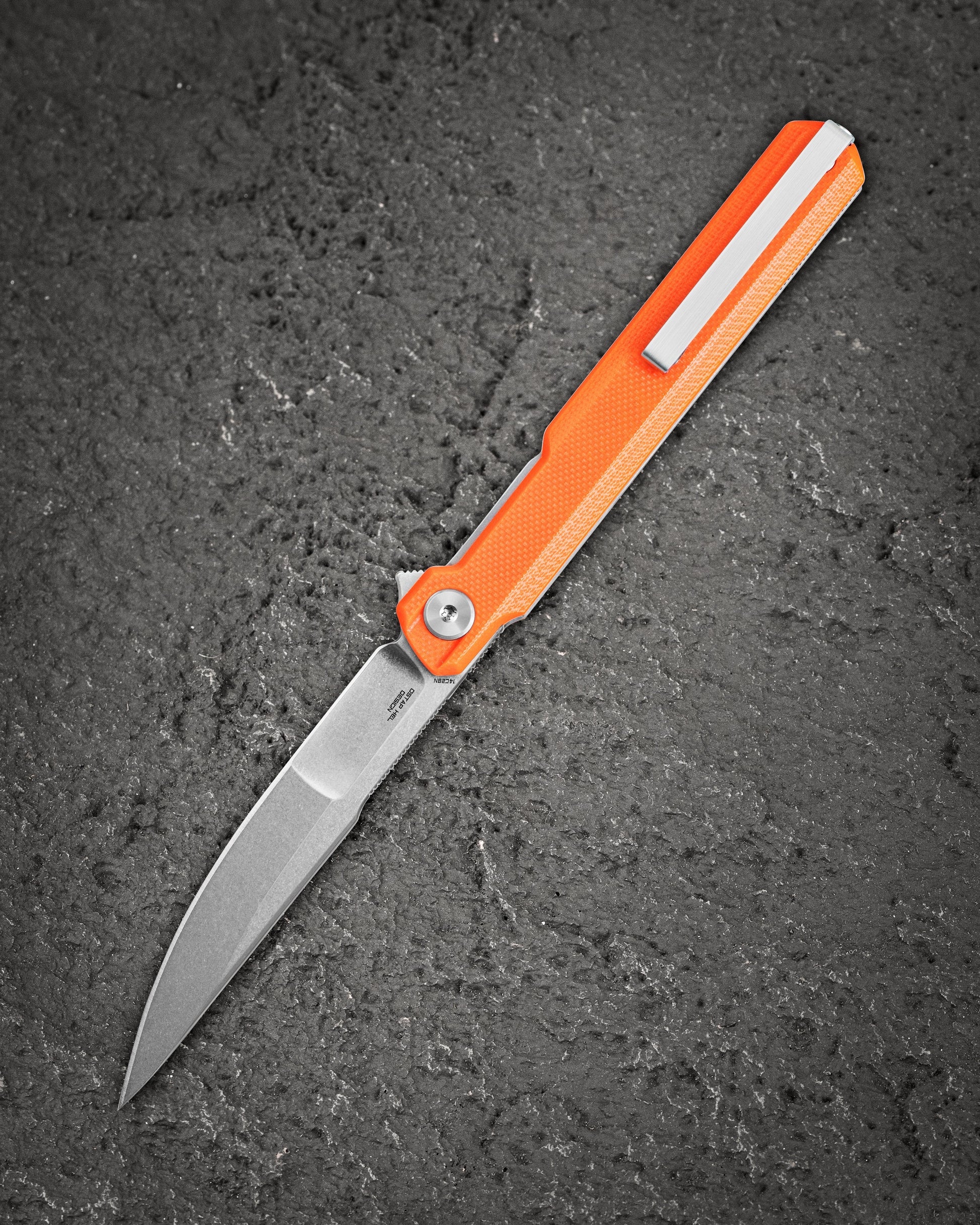 Bestech Duoz BG65B closed view – 4.21″ closed, Orange G10 handle, Liner Lock