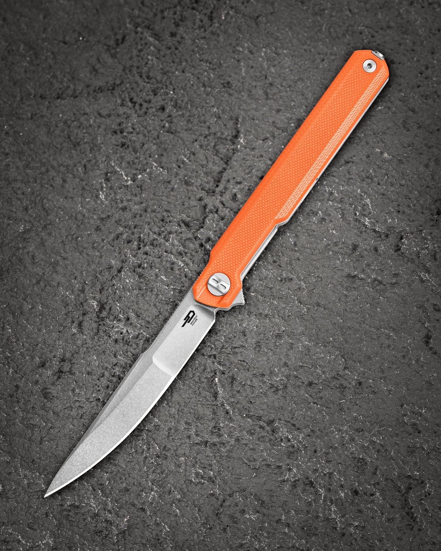Bestech Duoz BG65B front view – 3.34″ 14C28N Stonewash, Orange G10 handle