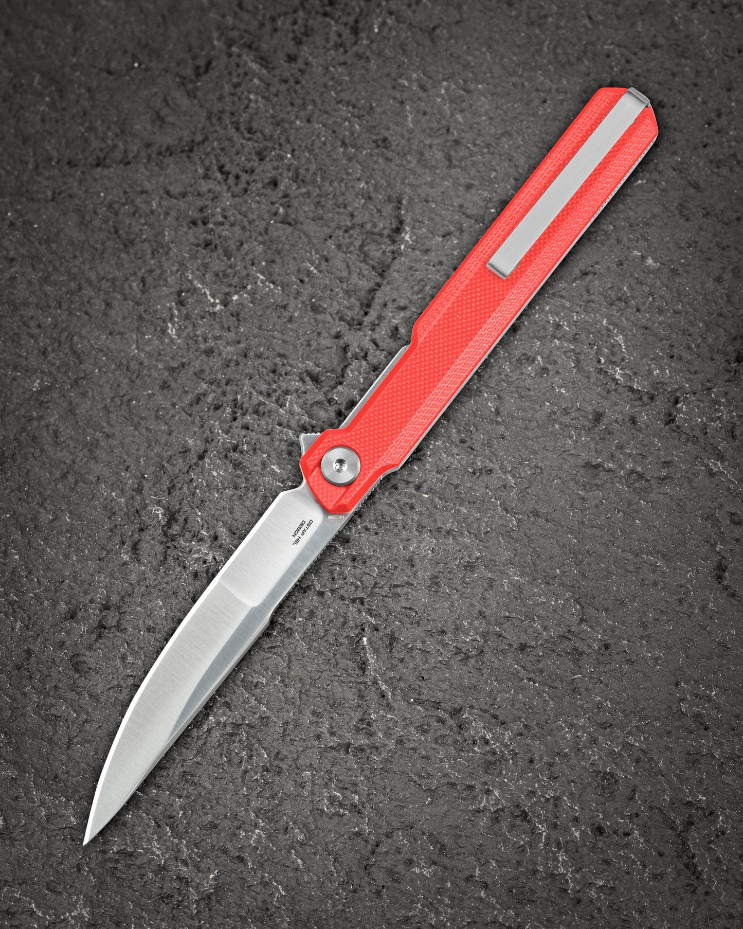 Bestech Duoz BG65C closed view – 4.21″ closed, Red G10 handle, Liner Lock
