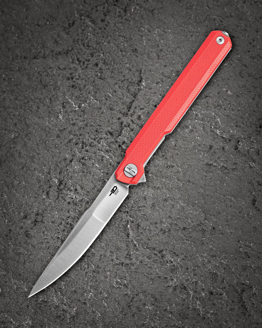 Bestech Duoz BG65C front view – 3.34″ 14C28N Satin, Red G10 handle