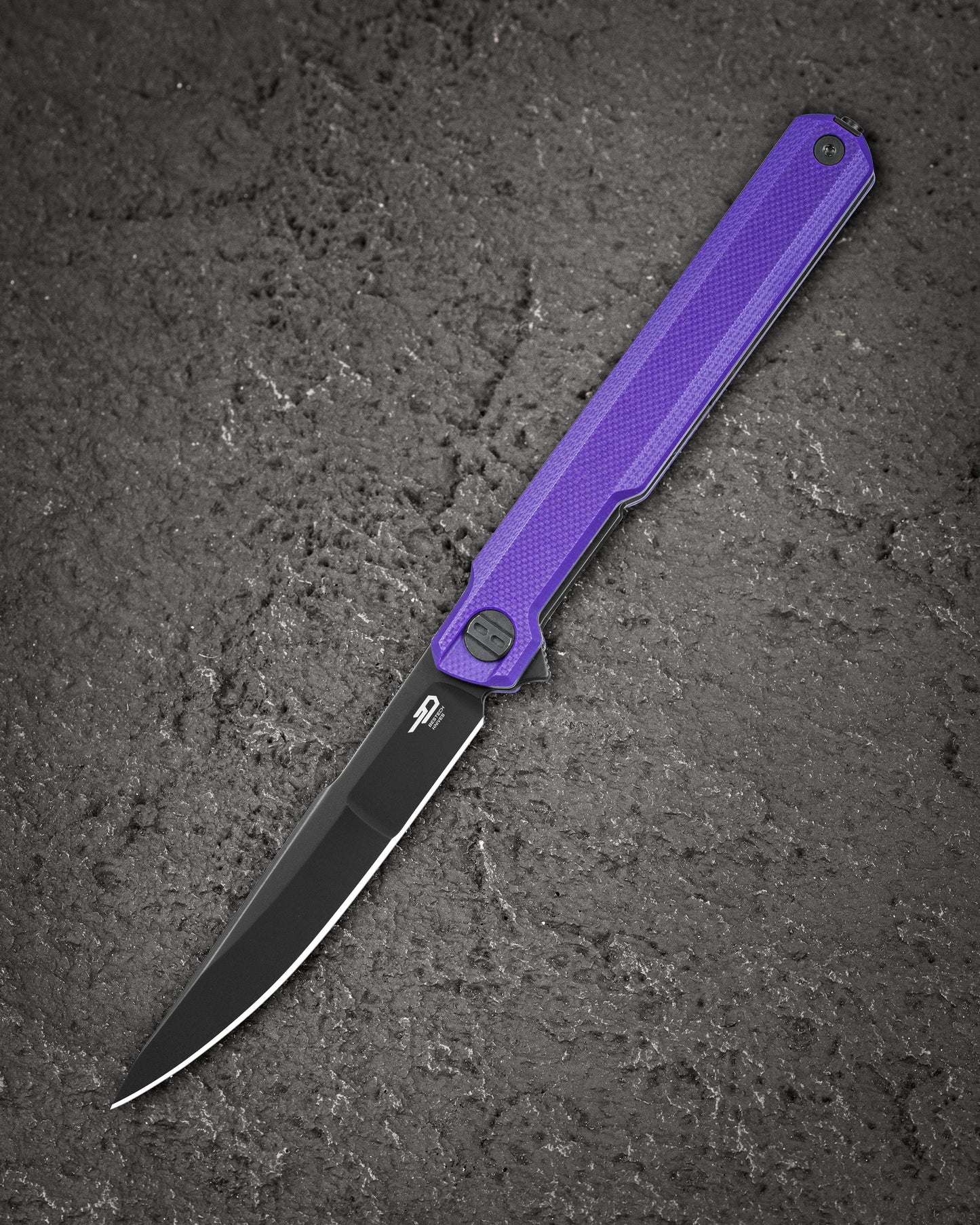 Bestech Duoz BG65E front view – 3.34″ 14C28N Black PVD, Purple G10 handle
