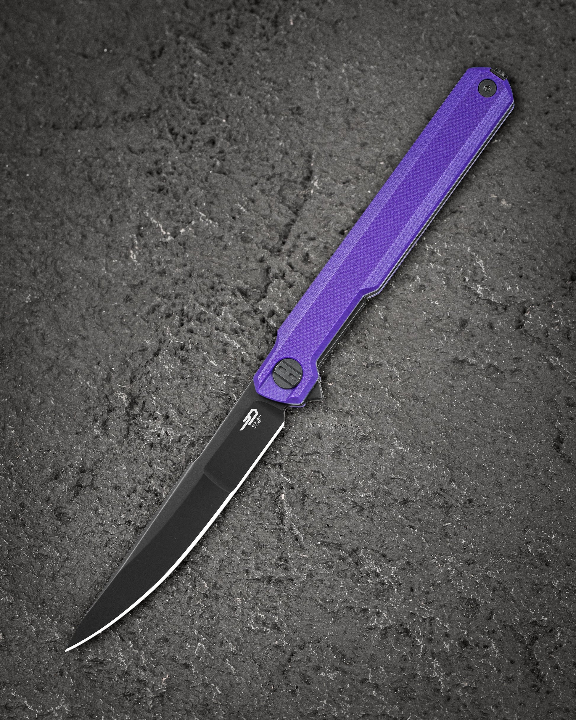 Bestech Duoz BG65E front view – 3.34″ 14C28N Black PVD, Purple G10 handle