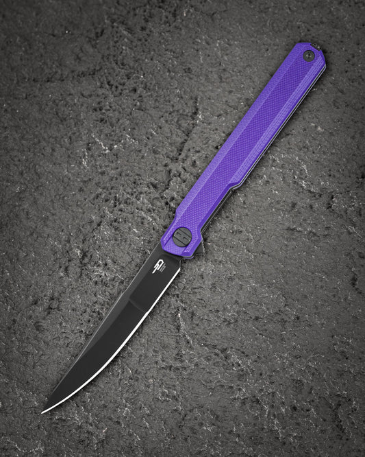 Bestech Duoz BG65E front view – 3.34″ 14C28N Black PVD, Purple G10 handle