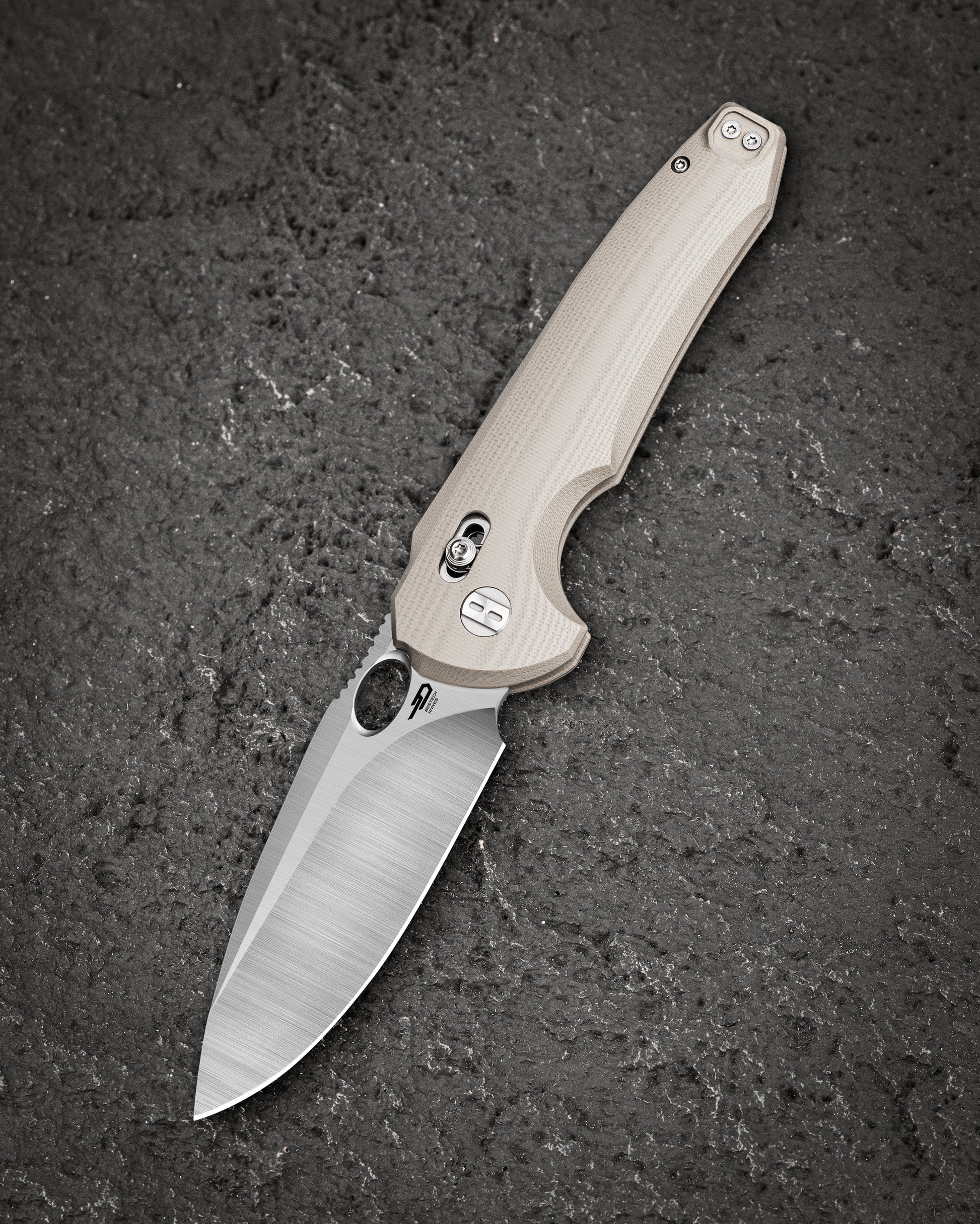 Bestech Noctar BG66C front view – 3.71″ 14C28N Satin, Tan G10 handle