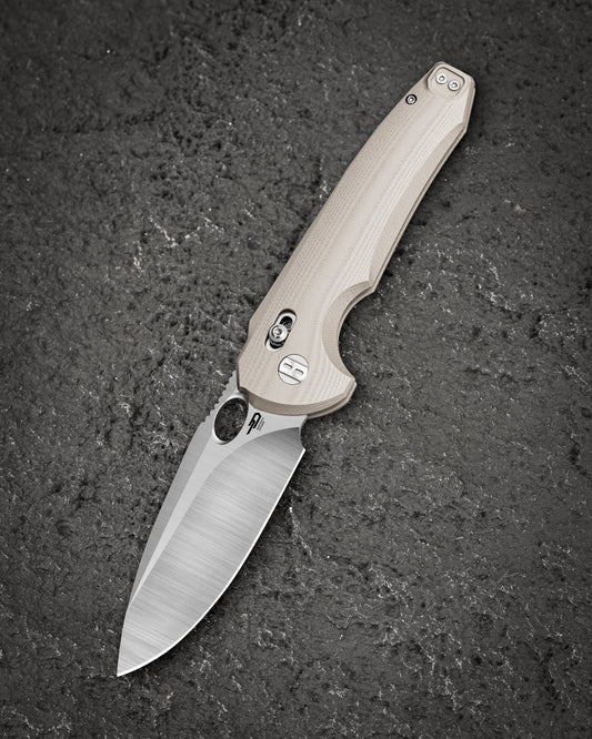 Bestech Noctar BG66C front view – 3.71″ 14C28N Satin, Tan G10 handle