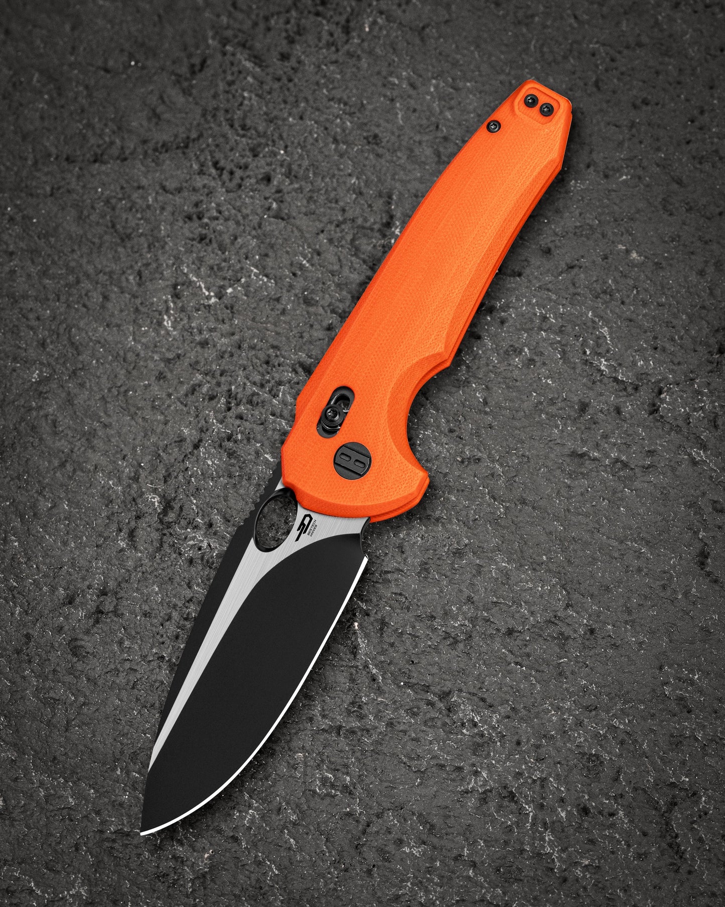 Bestech Noctar BG66D front view – 3.71″ 14C28N Black PVD Satin, Orange G10 handle