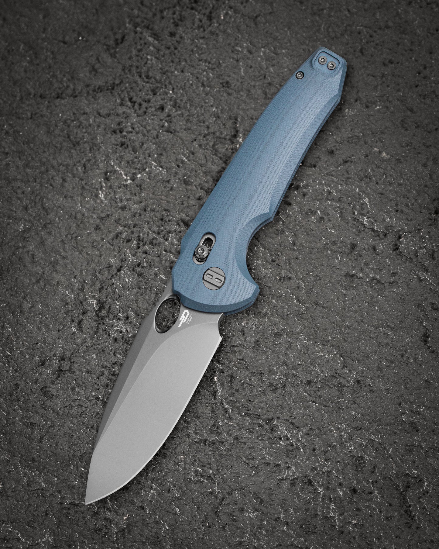 Bestech Noctar BG66E front view – 3.71″ 14C28N Grey PVD, Blue Gray G10 handle