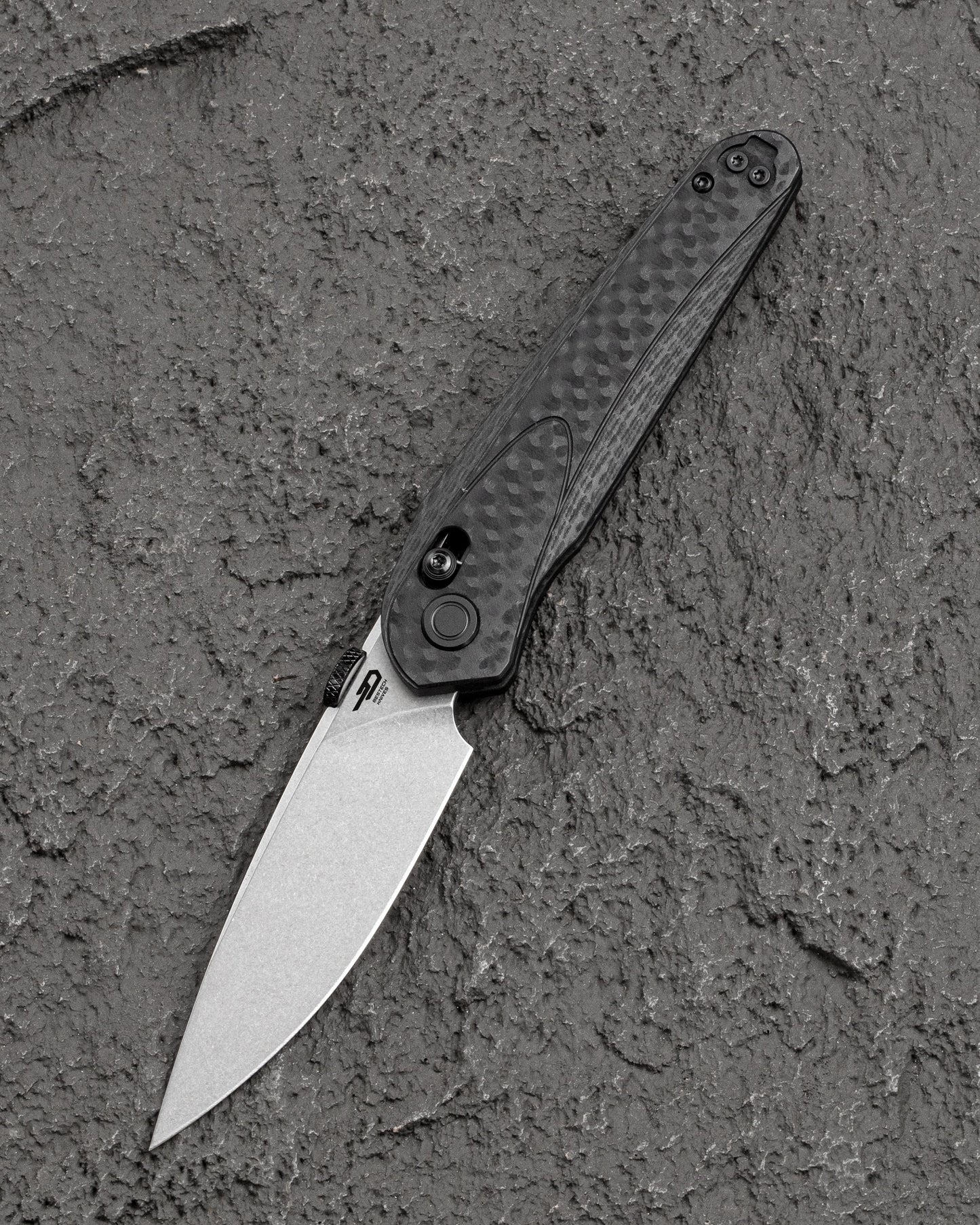 Bestech Mothus BG67A front view – 3.47″ 14C28N Stonewash, Black G10 handle