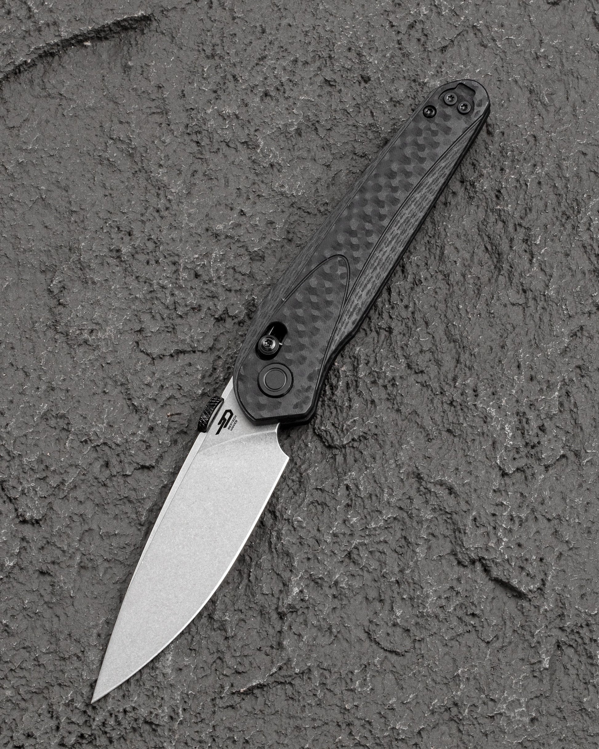 Bestech Mothus BG67A front view – 3.47″ 14C28N Stonewash, Black G10 handle