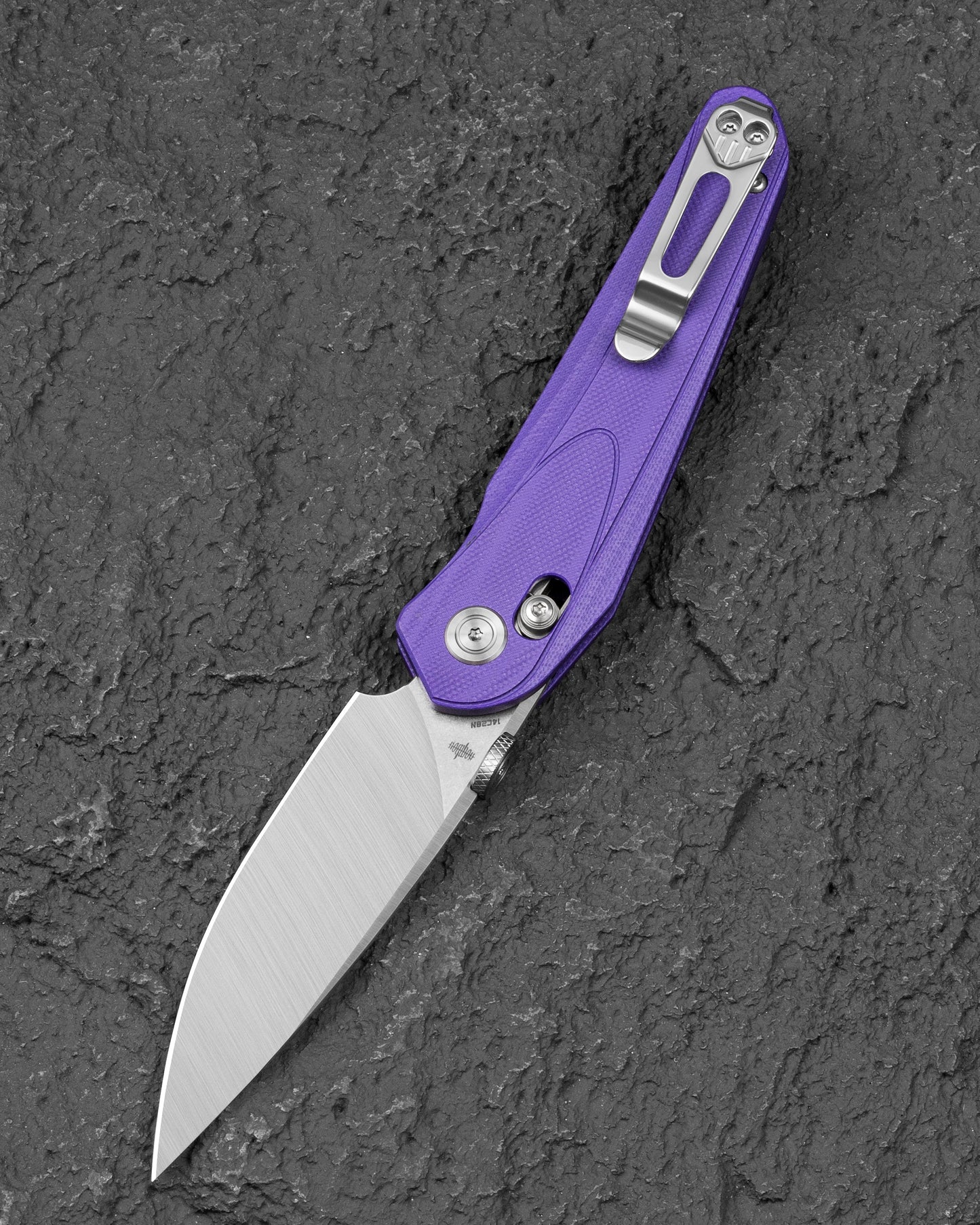 Bestech Mothus BG67C closed view – 4.58″ closed, Purple G10 handle, Bar Lock
