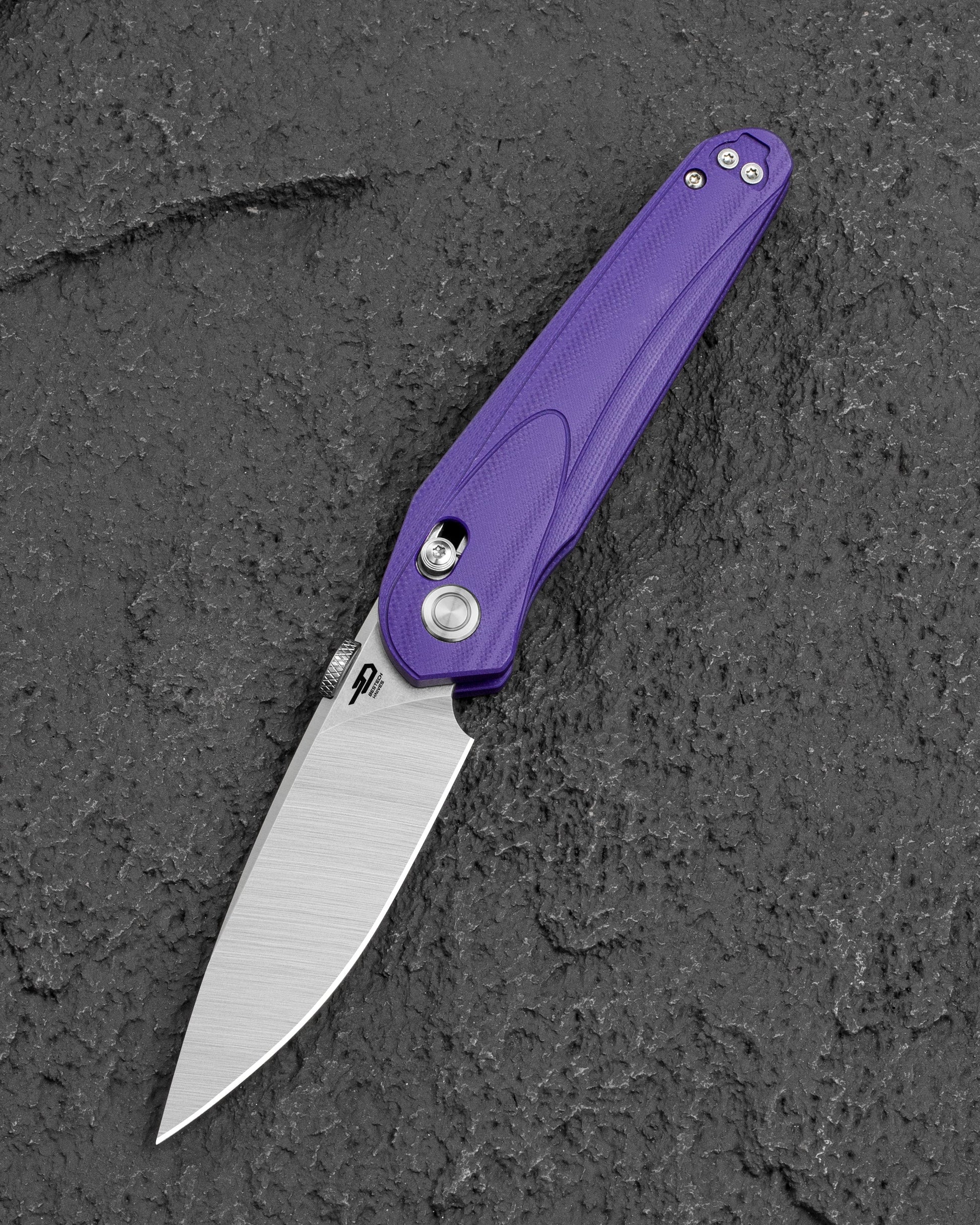 Bestech Mothus BG67C front view – 3.47″ 14C28N Stonewash + Satin, Purple G10 handle