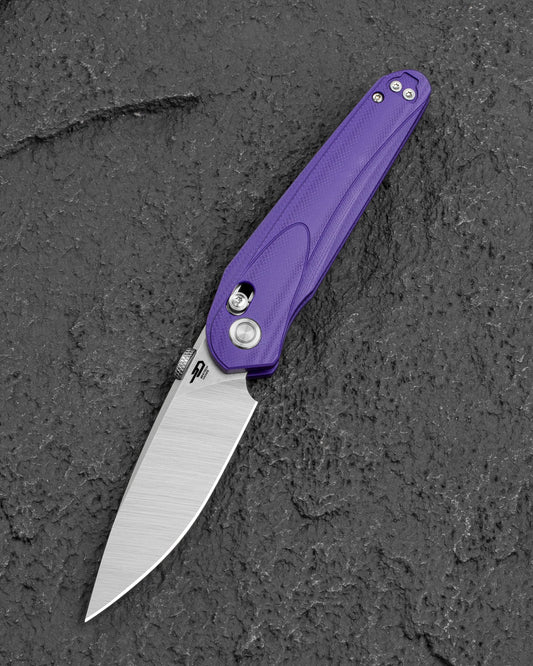 Bestech Mothus BG67C front view – 3.47″ 14C28N Stonewash + Satin, Purple G10 handle