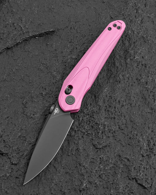 Bestech Mothus BG67E front view – 3.47″ 14C28N Dark Grey PVD, Light Pink G10 handle