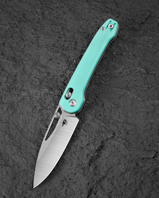 Bestech Cobber BG68B front view – 3.37" 14C28N stonewash + satin blade, light blue G10 handle, Bar Lock