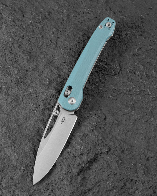 Bestech Cobber BG68C front view – 3.37" 14C28N stonewash blade, misty blue G10 handle, Bar Lock
