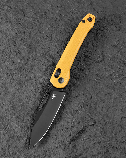 Bestech Cobber BG68E front view – 3.37" 14C28N black PVD blade, yellow G10 handle, Bar Lock