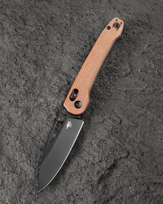 Bestech Cobber BG68F front view – 3.37" 14C28N black PVD blade, brown Micarta handle, Bar Lock