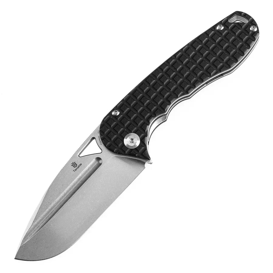 Tenable Bömbur T1054A1 open position showing stonewashed D2 drop point blade