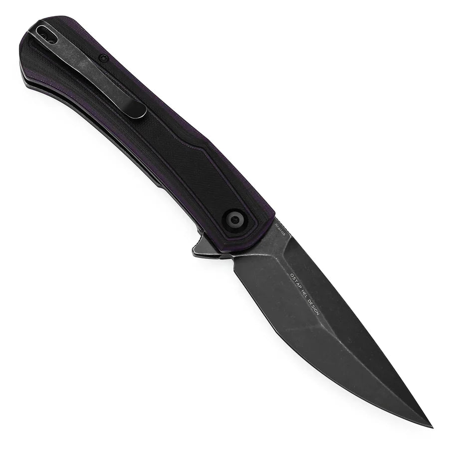 Tenable Kratos T1024A3 – 3.79" Nitro-V Blackwash Drop Point Blade, Black & Purple G10 Handle, Liner Lock – Designed by Ostap Hel