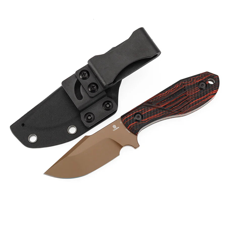 Tenable Tiny Dancer G014A2 – 3.17" Rose Gold Coated D2 Drop Point Blade, Black & Red G-mascus Handle, Fixed Blade EDC Knife