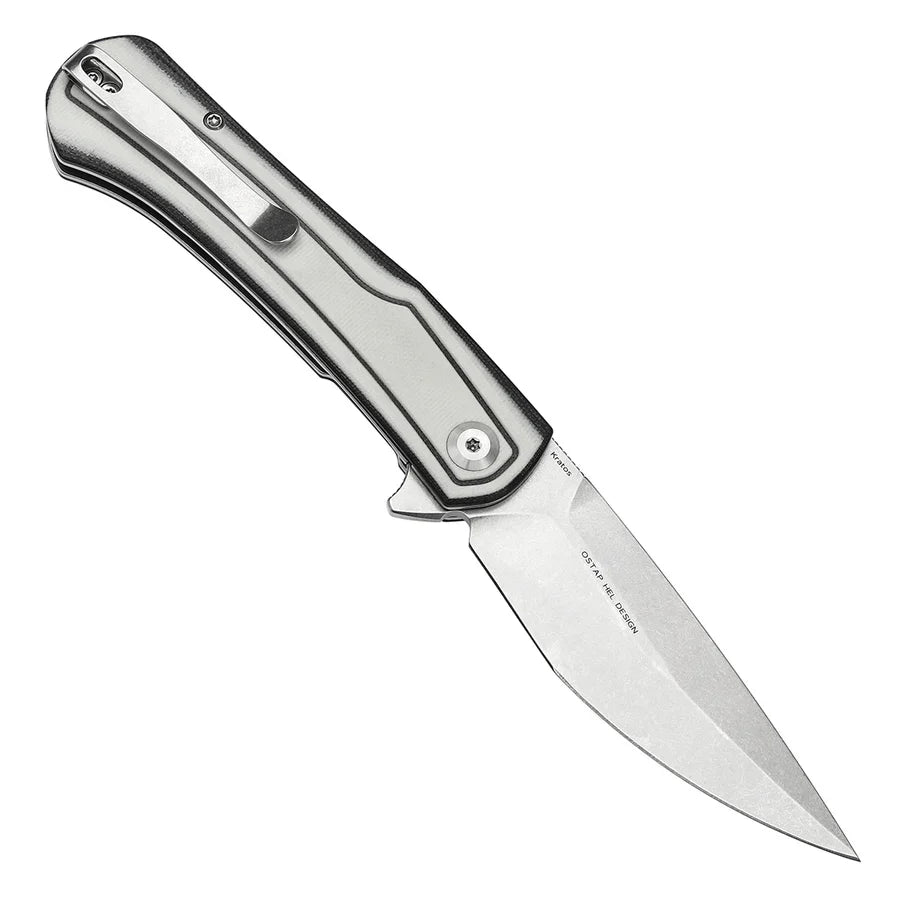 Tenable Kratos T1024A5 – 3.79" Nitro-V Stonewashed Drop Point Blade, Black & White G10 Handle, Liner Lock – Designed by Ostap Hel