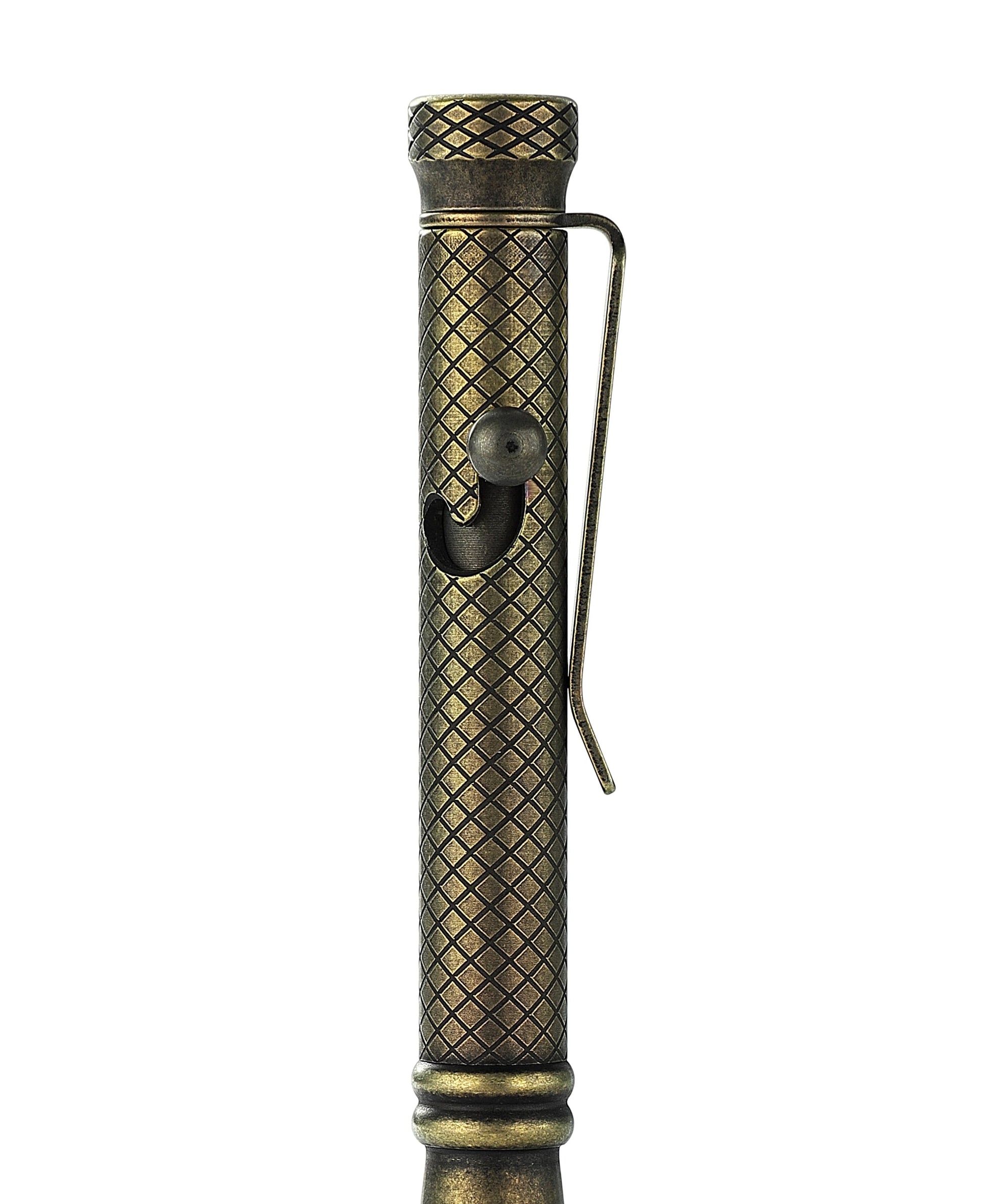 Bestechman Scribe BM16E cap detail – titanium pen cap, bronze+black stonewash anodization