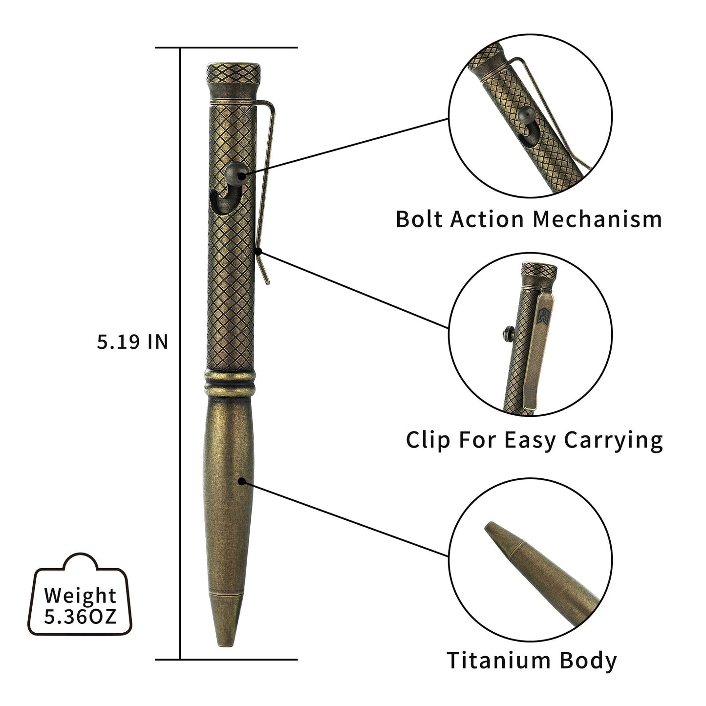 Bestechman Scribe BM16E side view – titanium pen and carabiner set, bronze+black stonewash