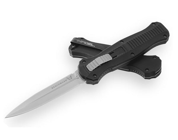 Benchmade Infidel 3300 OTF automatic with D2 dagger blade deployed, gray aluminum handle